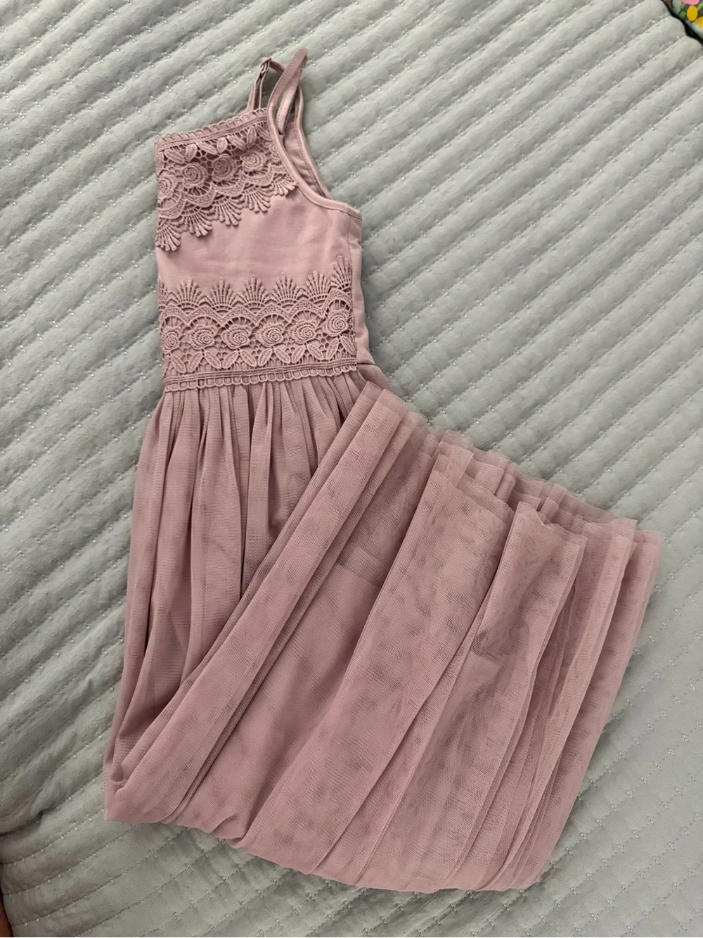 Girls' Dusty Rose Lace-Trim Casual Dress